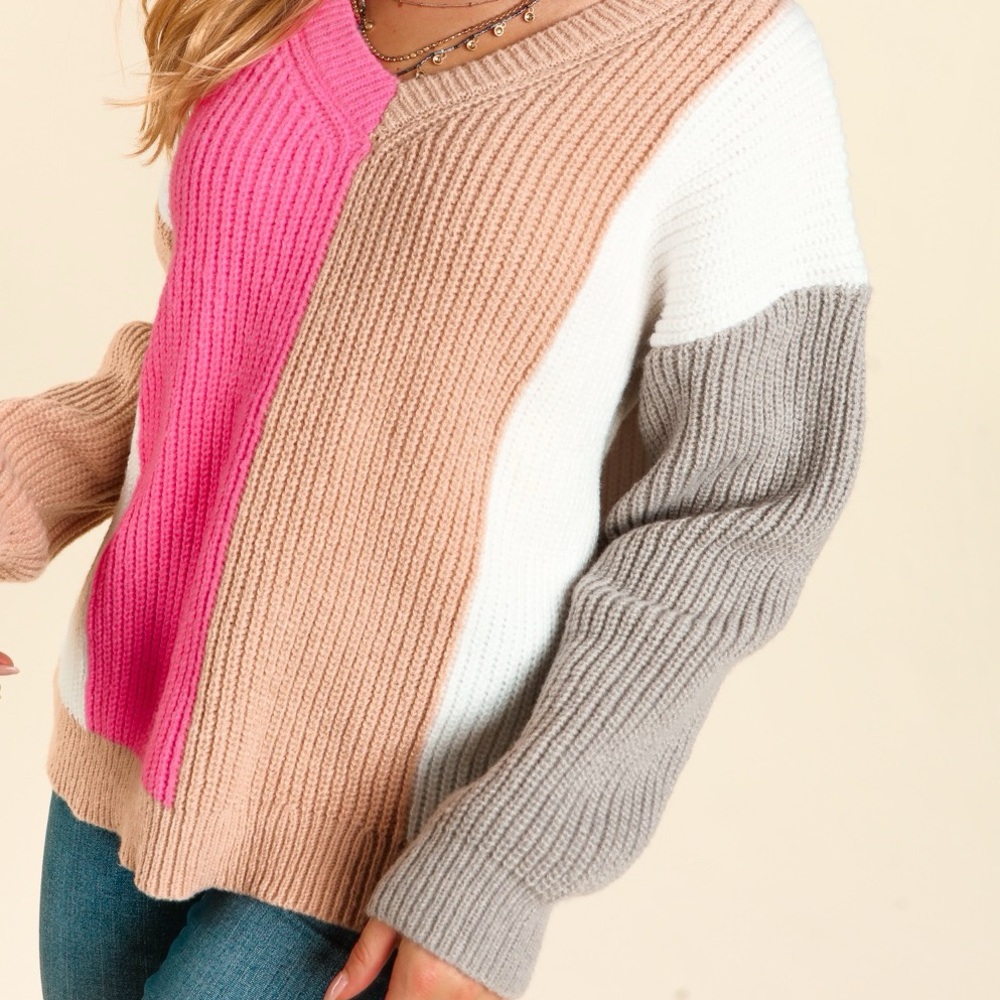 Color Block Knit V-Neck Pullover Relaxed Fit Sweater, Pink/Gray/Tan/White, S-M-L - Picture 6 of 10